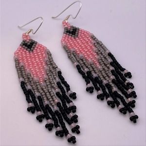 Seed Bead Fringe Dangle Earrings Pink Gray Black Glass Beads Beaded Hearts